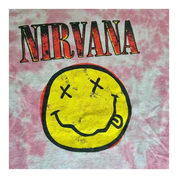 Nirvana Pink Tie Dye Yellow Smiley Band Tee Size Medium - Picture 3 of 4